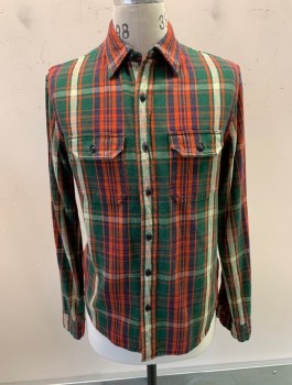 RALPH LAUREN DENIM, Forest Green, Red, Cream, Navy Blue, Cotton, Plaid, Thick/Warm Fabric, L/S, Button Front, Collar Attached, 2 Pockets With Flaps