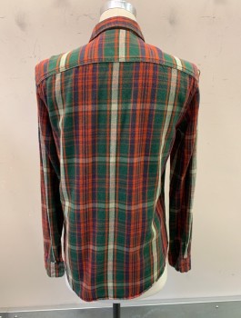 RALPH LAUREN DENIM, Forest Green, Red, Cream, Navy Blue, Cotton, Plaid, Thick/Warm Fabric, L/S, Button Front, Collar Attached, 2 Pockets With Flaps
