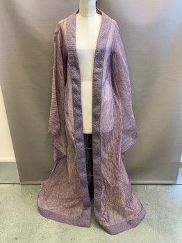 Unisex, Historical Fiction Robe , MTO, Lavender Purple, Synthetic, OS, Metallic, Sheer, Crinkled, Solid Wide Trim, Open Front, L/S, Floor Length Hem