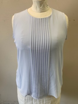 CALVIN KLEIN, Ice Blue, Polyester, Spandex, Solid, Chiffon, Sleeveless, Round Neck,  Vertical Pleats at Front, 1 Button at Back Neck