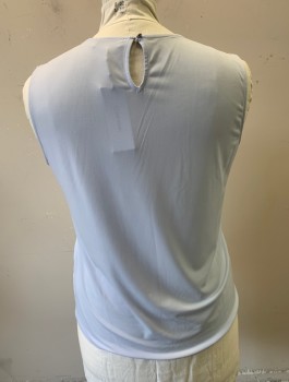 CALVIN KLEIN, Ice Blue, Polyester, Spandex, Solid, Chiffon, Sleeveless, Round Neck,  Vertical Pleats at Front, 1 Button at Back Neck