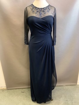 Womens, Evening Gown, PATRA, Midnight Blue, Polyester, Spandex, Solid, Sz.8, Chiffon Over Opaque Base Layer, Sheer Net Neck and Sleeves with Beading, 3/4 Sleeves, Round Neck with Opaque Strapless Sweetheart Neckline Underneath, Pleats at Side/Hip, Floor Length