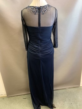 Womens, Evening Gown, PATRA, Midnight Blue, Polyester, Spandex, Solid, Sz.8, Chiffon Over Opaque Base Layer, Sheer Net Neck and Sleeves with Beading, 3/4 Sleeves, Round Neck with Opaque Strapless Sweetheart Neckline Underneath, Pleats at Side/Hip, Floor Length