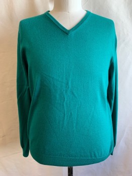 J. CREW, Green, Wool, Solid, Ribbed Knit V-neck, Long Sleeves, Ribbed Knit Cuff/Waistband