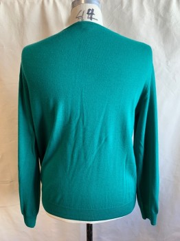 J. CREW, Green, Wool, Solid, Ribbed Knit V-neck, Long Sleeves, Ribbed Knit Cuff/Waistband