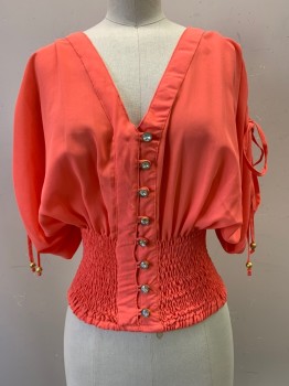 ARDEN B, Coral Orange, Polyester, Solid, S/S, V Neck, Button Front, D String On Sleeves, Elastic Waist, Sheer, Diamond Buttons
