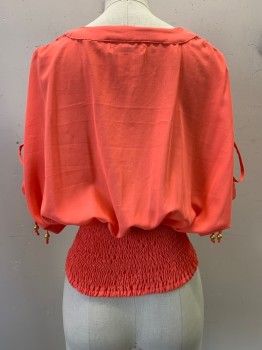 ARDEN B, Coral Orange, Polyester, Solid, S/S, V Neck, Button Front, D String On Sleeves, Elastic Waist, Sheer, Diamond Buttons