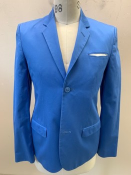 MARC BY M JACOBS, Sky Blue, Cotton, Solid, Single Breasted, 2 Buttons,  Notched Lapel, 3 Pockets, Center Back Vent, Small Pop-out Pocket Square
