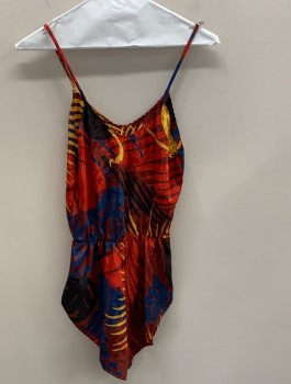 Womens, Romper, LINDSEY ROSCOE, Red, Gold, Black, Navy Blue, Red Burgundy, Polyester, Abstract , S, Spaghetti Straps, Front & Back V, Elastic Waist, High Cut Leg