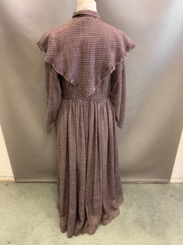 Womens, Dress 1890s-1910s, NL, Red Burgundy, Beige, Wool, Tweed, W:32, B:38, Removable Capelet, Jewel Neckline, 1/2 Button Front, Gathered at Waist, L/S,  Pleated Over Bust, Pleated Skirt,