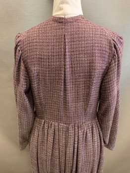 Womens, Dress 1890s-1910s, NL, Red Burgundy, Beige, Wool, Tweed, W:32, B:38, Removable Capelet, Jewel Neckline, 1/2 Button Front, Gathered at Waist, L/S,  Pleated Over Bust, Pleated Skirt,