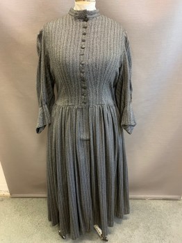 Womens, Dress 1890s-1910s, MTO, Black, White, Wool, 2 Color Weave, W: 38, B: 44, Collar Band, 1/2 Button Front, Gathered Waist, L/S, Pinch Pleat Cuffs, Pleated Skirt, Floor Length Hem