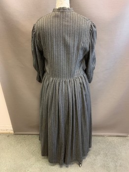 Womens, Dress 1890s-1910s, MTO, Black, White, Wool, 2 Color Weave, W: 38, B: 44, Collar Band, 1/2 Button Front, Gathered Waist, L/S, Pinch Pleat Cuffs, Pleated Skirt, Floor Length Hem