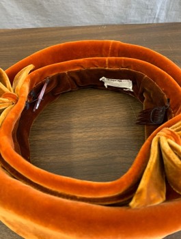 Womens, Hat, N/L, Rust Orange, Cotton, Solid, Velvet, Halo Shaped with Open Crown, 2 Self Bows at Sides of Head, in Good Condition