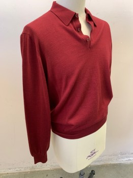 JOHN W NORDSTROM, Cranberry Red, Wool, Solid, Long Sleeves, Pullover, 3 Button Placket, Collar Attached,