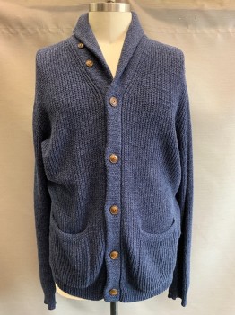 RALPH LAUREN, Navy Blue, Cotton, Solid, Shawl Collar, Long Sleeves, Button Front, 2 Pockets, Cozy Professor