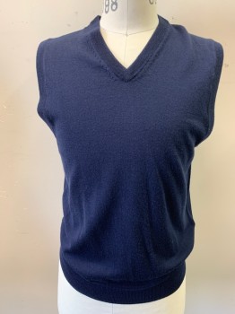 Mens, Sweater Vest, BROOKS BROTHERS, Navy Blue, Wool, Solid, S, Pull On, V-neck,