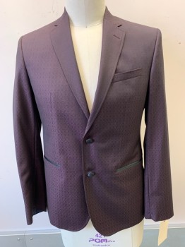 TED BAKER, Aubergine Purple, Black, Wool, Novelty Pattern, 2 Color Weave, Single Breasted, Notched Lapel, 2 Buttons,  2 Welt Pocket,