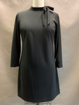 CALVIN KLEIN, Black, Polyester, Spandex, Solid, L/S, High Neck With Side Bow, Straight Fit, Back Zipper,