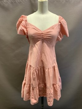 ZARA, Blush Pink, Cotton, Solid, Boho, Sweetheart Neck, Flutter Sleeves, Embroiderred Cutouts, Tiered Skirt, Smocked Back