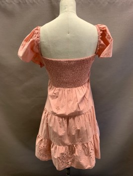 ZARA, Blush Pink, Cotton, Solid, Boho, Sweetheart Neck, Flutter Sleeves, Embroiderred Cutouts, Tiered Skirt, Smocked Back