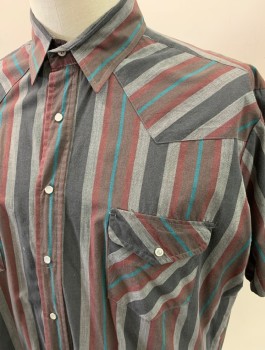 ROCK CREEK RANCH, Black, Heather Gray, Red Burgundy, Turquoise Blue, Poly/Cotton, Stripes, S/S, Snap Front, 2 Chest Pockets, Pearl Snaps **Small Burn Hole CF