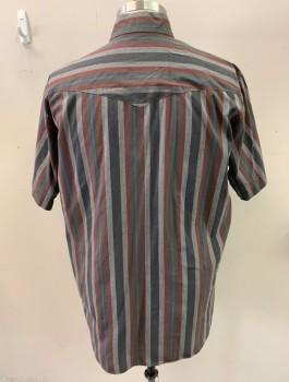 ROCK CREEK RANCH, Black, Heather Gray, Red Burgundy, Turquoise Blue, Poly/Cotton, Stripes, S/S, Snap Front, 2 Chest Pockets, Pearl Snaps **Small Burn Hole CF