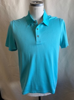AXIST, Aqua Blue, White, Polyester, Check , S/S, 3 Buttons,  Rib Knit Collar, Gray Pearl Buttons