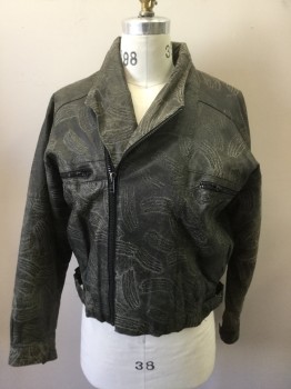 Mens, Leather Jacket, CHIA, Gray, Black, Leather, Solid, S, Novelty Scratches, Zip Front, 2 Zip Pockets, Elastic Smocked Waist, Buckle Back Side Waist, Snap Cuffs