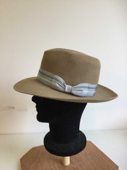 Mens, Fedora, AKUBRA, Camel Brown, Gray, Wool, Rayon, Heathered, 22 5/8, 7 1/4, 57.5cm, Soft Sized, Wide Brimmed, High Crown with Grey Stripe Grosgrain Hat Band, Retro 1940s