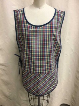 Womens, Apron , ANGELICA, Multi-color, Navy Blue, Red, Yellow, Green, Polyester, Cashmere, Plaid, O/S, Sleeveless, Wide Round Neck, Open Sides, Self Ties At Sides, Hip Length, 2 Patch Pockets At Hem, Solid Navy Trim
