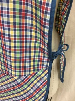 Womens, Apron , ANGELICA, Multi-color, Navy Blue, Red, Yellow, Green, Polyester, Cashmere, Plaid, O/S, Sleeveless, Wide Round Neck, Open Sides, Self Ties At Sides, Hip Length, 2 Patch Pockets At Hem, Solid Navy Trim