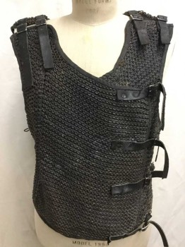 Mens, Vest, MTO, Gray, Black, Hemp, Leather, Mottled, L, Crocheted Hemp Painted to Look Like Chain Mail, Open Back, Lacing/Ties on Sides, Buckle Straps at Shoulders, V-neck, Buckle Straps Left Front