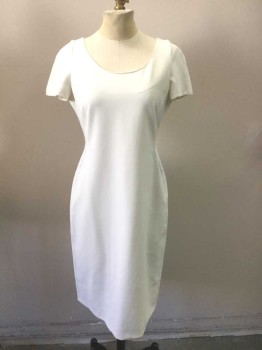 ARMANI, Bone White, Polyester, Spandex, Solid, Short Sleeves, Scoop Neck, Curved Seams at Sides, Knee Length