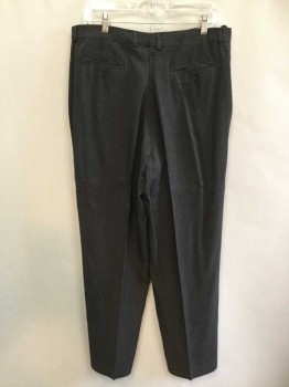 Mens, Suit, Pants, 1890s-1910s, NO LABEL, Charcoal Gray, Black, White, Rayon, Stripes - Vertical , 29, 34, Clasp and Zip Fly, Interior Suspender Buttons, Small Holes and Tears At Rear, Double, Looks Like Pants Were Washed,