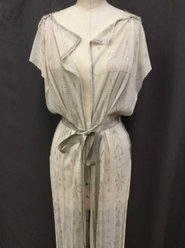 Womens, Historical Fiction Tunic, MTO, Ivory White, Silver, Cotton, Metallic/Metal, Diamonds, Floral, O/S, Made To Order, Cotton Netting with Silver Embroidery, Silver Ribbon and Metal Details, Lined Bust, Open Front and Sides, Train
