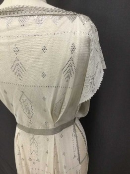 Womens, Historical Fiction Tunic, MTO, Ivory White, Silver, Cotton, Metallic/Metal, Diamonds, Floral, O/S, Made To Order, Cotton Netting with Silver Embroidery, Silver Ribbon and Metal Details, Lined Bust, Open Front and Sides, Train