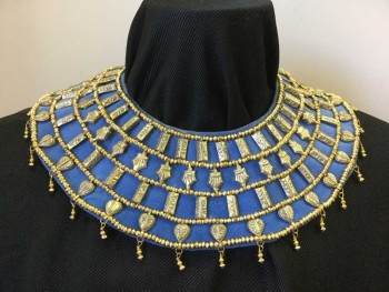 Unisex, Historical Fiction Collar, Royal Blue, Gold, Cotton, Metallic/Metal, Geometric, 11"D, Cotton Backed Gold Beaded Collar with Cobra Clasp