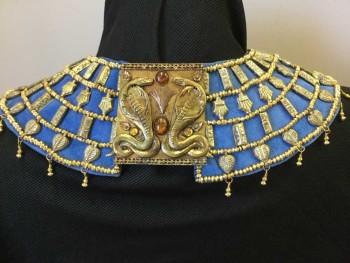 Unisex, Historical Fiction Collar, Royal Blue, Gold, Cotton, Metallic/Metal, Geometric, 11"D, Cotton Backed Gold Beaded Collar with Cobra Clasp