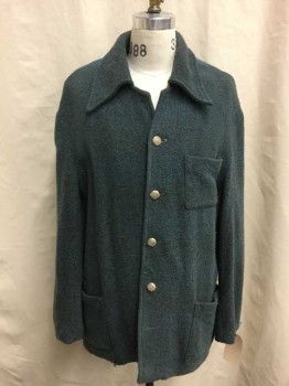 Mens, Jacket 1890s-1910s, NO LABEL, Teal Green, Wool, 46, Long Sleeves, Ornate Metal Buttons, Three Pockets,