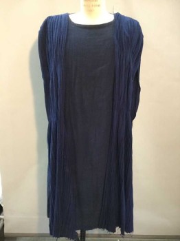 Mens, Historical Fiction Robe, N/L, Navy Blue, Cotton, Wool, Solid, O/S, Navy Texture, Wide Round Neck,  Gathered Pleat Scarf-like Draped Over Both Shoulder, Hooks & Eyes @ Shoulder, Kick Pleat Side Bottom, See Photo Attached,