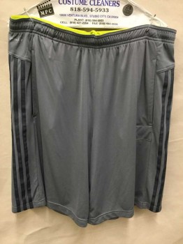 ADIDAS, Gray, Neon Yellow, Dk Green, Polyester, Solid, Gray W/neon Yellow Inside Waistband, 3 Dark Green Vertical Stripes on Side