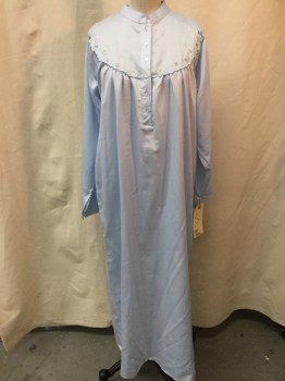 Womens, Nightgown, KAY ANNA, Baby Blue, Polyester, Cotton, Solid, S, Light Blue, 6 Buttons, Ruffle Yolk with White/baby Blue/green Novelty Embroidery, Collar Stand, Long Sleeves,