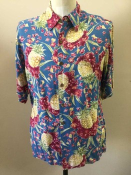 REYN SPOONER, Blue, Magenta Purple, Yellow, Green, White, Rayon, Novelty Pattern, Floral, Floral/Pineapple Print, Button Front, Short Sleeves, Collar Attached, 1 Pocket