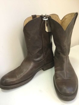 FRYE, Brown, Leather, Solid, Low Calf Length, No Embroidery, Self Piping, Round Toe, 1.25" Heel, **Lightly Worn Down Throughout
