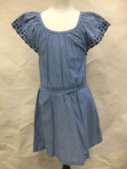 Childrens, Dress, H&M, Dusty Blue, Midnight Blue, Cotton, Solid, 7/8, Chambray, Cap Sleeves with Midnight Blue Eyelet Embroidery Detail/Scallopped Edges, Scoop Neck, Elastic Waist, Hem Above Knee