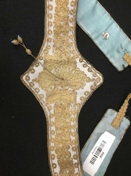 N/L, Cream, Gold, Aqua Blue, Synthetic, Silk, 2 Pc Belt:  Cream W/shimmer Gold Thread Detail Work, with Attached Gold String & Tassels, W/DETACHED Matching POUCH, See Photo Attached,