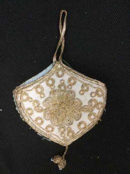 N/L, Cream, Gold, Aqua Blue, Synthetic, Silk, 2 Pc Belt:  Cream W/shimmer Gold Thread Detail Work, with Attached Gold String & Tassels, W/DETACHED Matching POUCH, See Photo Attached,