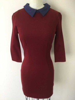 COOPERATIVE, Maroon Red, Navy Blue, Rayon, Nylon, Solid, Long Sleeves, Navy Collar Attached, Keyhole Center Back, Short