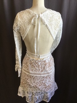 FOR LOVE & LEMONS, White, Lt Beige, Nylon, Polyester, Floral, White Lace with Lt Beige Lining, Small Round White Knobs Trim Round Neck with White Ribbon Tie @ Neck, W/Ruffle Cuffs & Hem, Open Back, Self Attached Belt with 2 Gold Snaps